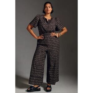 Anthropologie Somerset Cropped Wide Leg Short Sleeve Printed Jumpsuit Medium